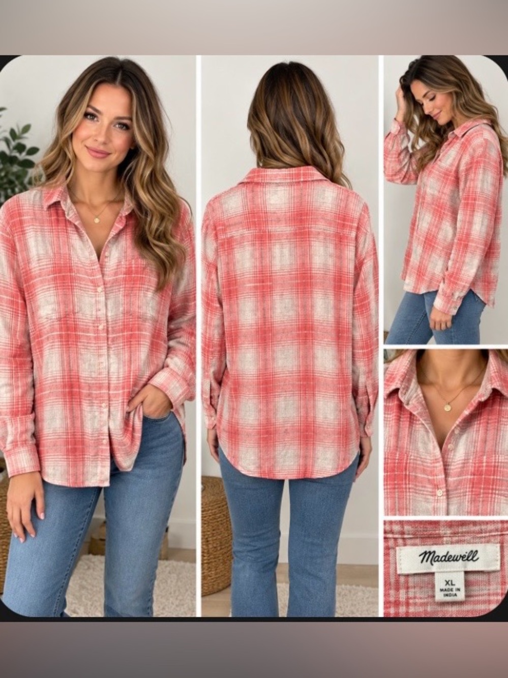 Madewell Coral and Cream Plaid Button-Down Shirt size xl